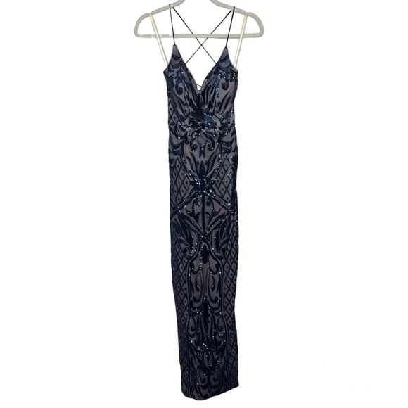 LULUS NWOT Ruby Navy Blue Sequin Lace-Up Maxi Ball Gown Slit Open Back Dress XS - Picture 3 of 11